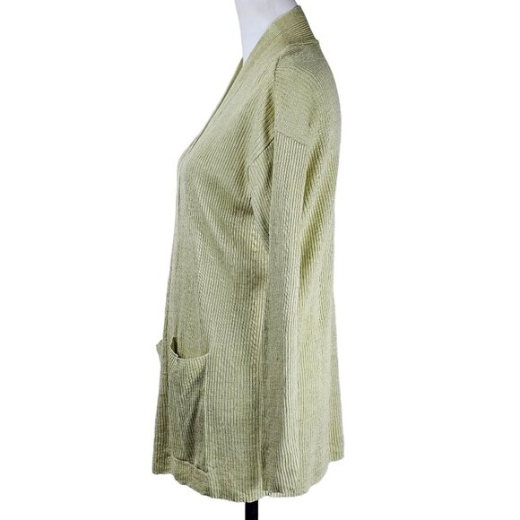 Eileen Fisher Green Organic Linen Cardigan Sz M Open Front Ribbed Beach (flawed) - Picture 3 of 7